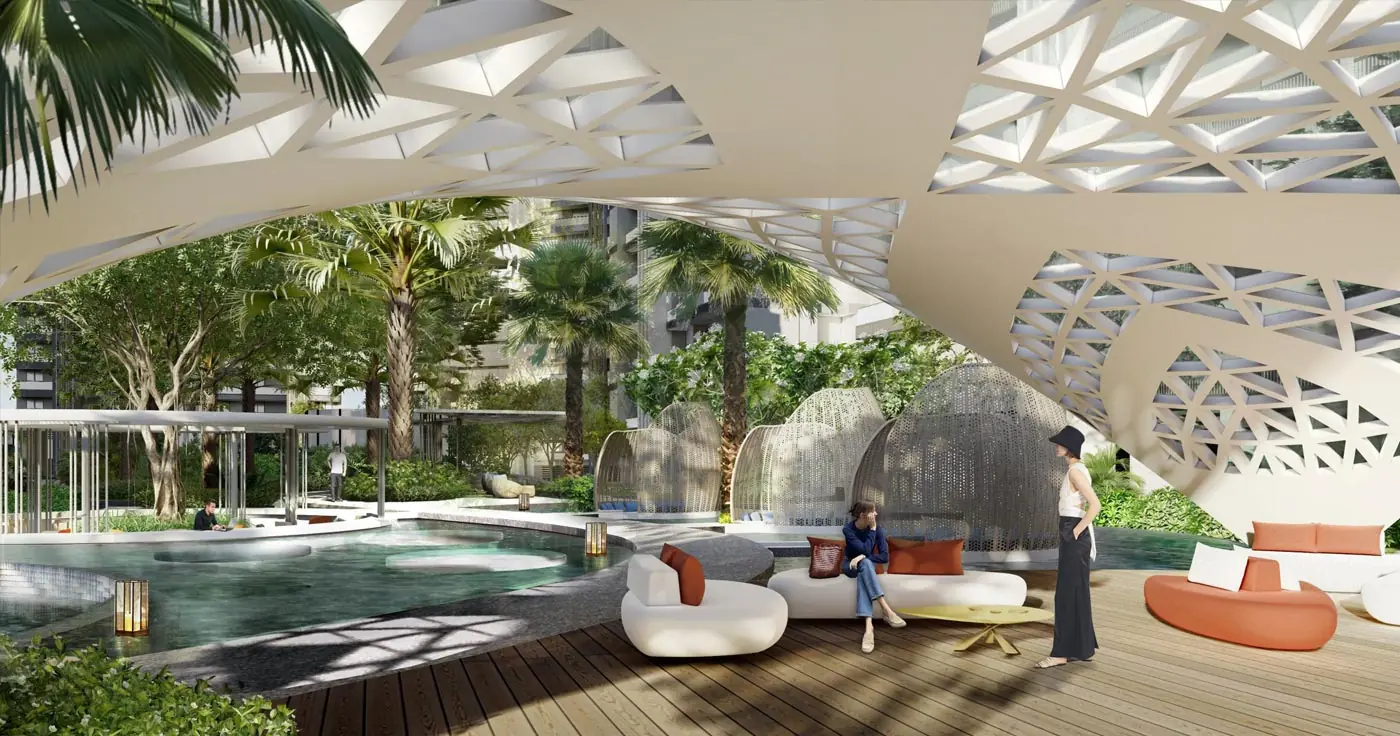 Sculptural canopy lounge by the pool at the Westin Residences clubhouse, Sector 103 Gurgaon
